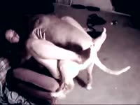 Woman holds dog between her legs while he fucks her